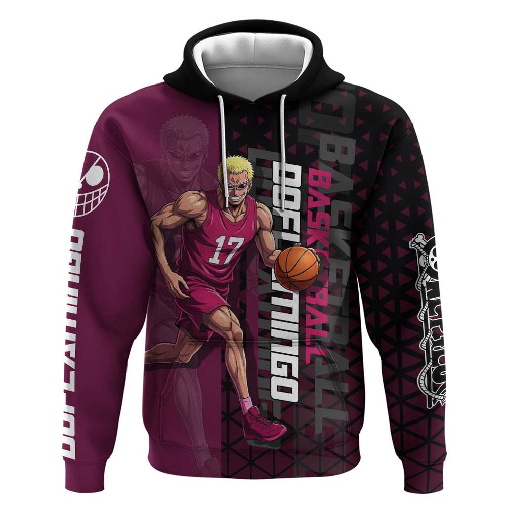 Donquixote Doflamingo One Piece Basketball Theme Maroon and Black Design Hoodie with Smiling Emblem Donquixote Doflamingo One Piece Basketball Theme Maroon and Black Design Hoodie with Smiling Emblem