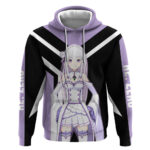 Emilia Re Zero Hoodie with Silver Hair and Magical Fantasy Pose Design