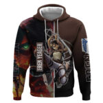 Eren Yeager from Attack on Titan Hoodie with Action Poses and Fiery Background Design
