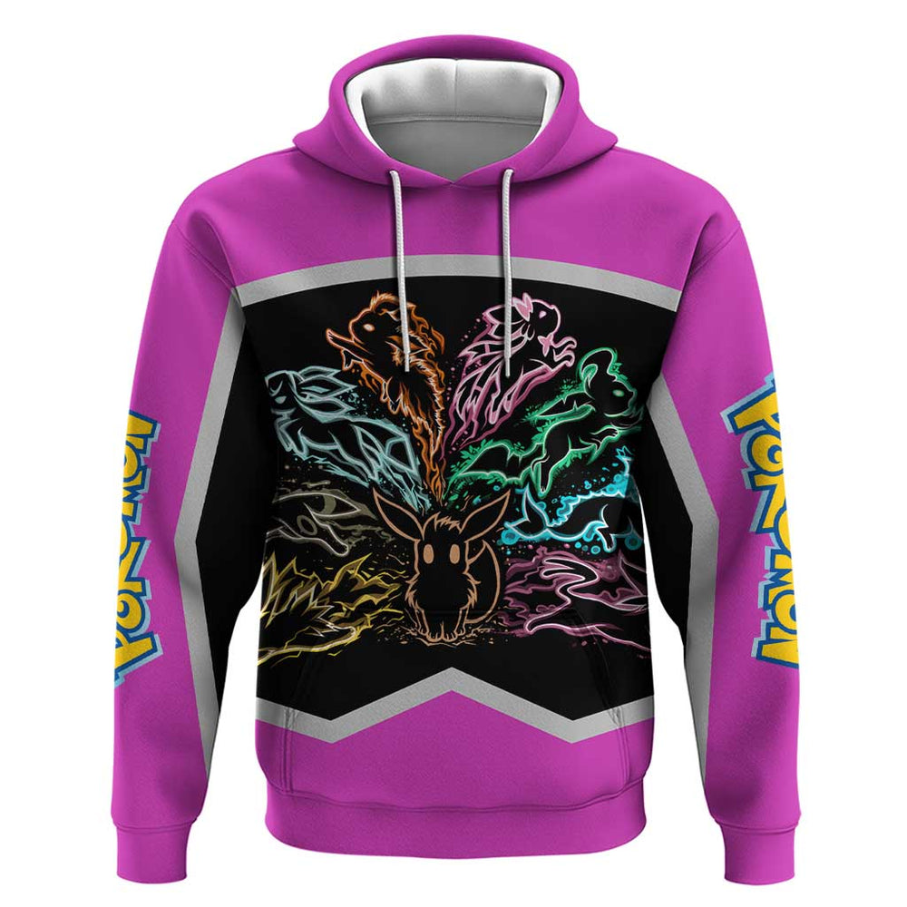 Espeon and Eeveelutions Hoodie with Neon Elemental Designs and Pink Pok mon Theme Espeon and Eeveelutions Hoodie with Neon Elemental Designs and Pink Pok mon Theme