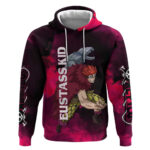 Eustass Kid One Piece Theme Red and Black Grunge Design Hoodie with Mechanical Arm and Pirate Emblem