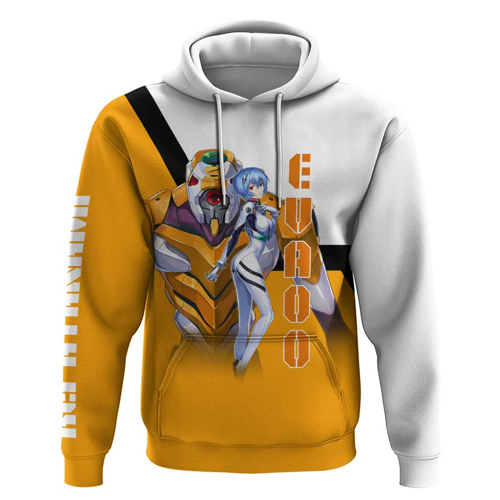 Evangelion EVA-00 and Rei Ayanami Yellow and White Hoodie Design with Mecha and Character Artwork Evangelion EVA-00 and Rei Ayanami Yellow and White Hoodie Design with Mecha and Character Artwork