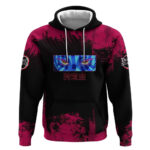Akaza Demon Slayer Intense Eyes Design Hoodie with Red and Black Grunge Aesthetic and Dynamic Pose