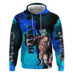 Franky One Piece Blue Theme Hoodie with Cyborg Design and Shipwright Pose