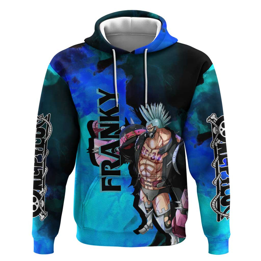 Franky One Piece Blue Theme Hoodie with Cyborg Design and Shipwright Pose Franky One Piece Blue Theme Hoodie with Cyborg Design and Shipwright Pose