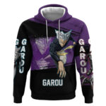 Garou One Punch Man Anime Purple and Black Theme Hoodie with Hero and Monster Forms in Dynamic Battl