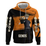 Genos One Punch Man Anime Orange and Black Theme Hoodie with Cyborg Arm Blast and Intense Action Pos