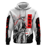 Gintoki Sakata Gintama Samurai Design Hoodie with Katana Red Kanji Calligraphy and Oni Mask Graphic