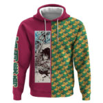 Giyu Tomioka Demon Slayer Hoodie with Red Green Geometric Pattern and Water Breathing Anime Design
