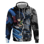 Giyu Tomioka Demon Slayer Hoodie with Water Hashira Sword Pose and Flowing Water Design