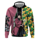 Giyu Tomioka from Demon Slayer Hoodie with Geometric Pattern Sleeve and Pink and Black Manga Panel D