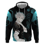 Gojo Satoru Jujutsu Kaisen Blue Hexagon Pattern Hoodie with Intense Expressions and Modern Anime Art