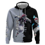 Akaza from Demon Slayer Hoodie with Split Color Background and Martial Arts Pose Manga Style Design