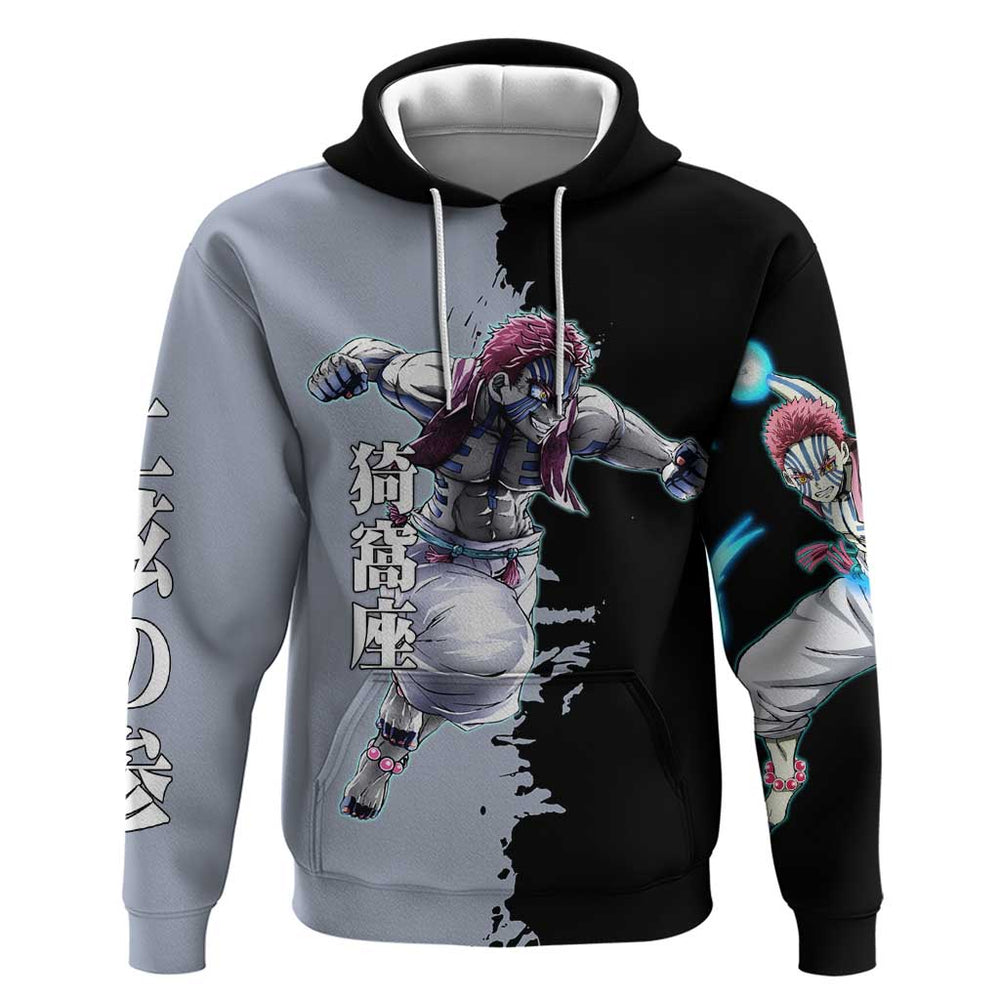 Akaza from Demon Slayer Hoodie with Split Color Background and Martial Arts Pose Manga Style Design Akaza from Demon Slayer Hoodie with Split Color Background and Martial Arts Pose Manga Style Design