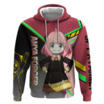 Anya Forger Spy x Family Pink and Black Theme Hoodie with Cheerful Pose and Cartoon Style Accents