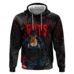 Guts Berserk Dark Theme Hoodie with Blood Splatter and Intense Warrior Expression Design
