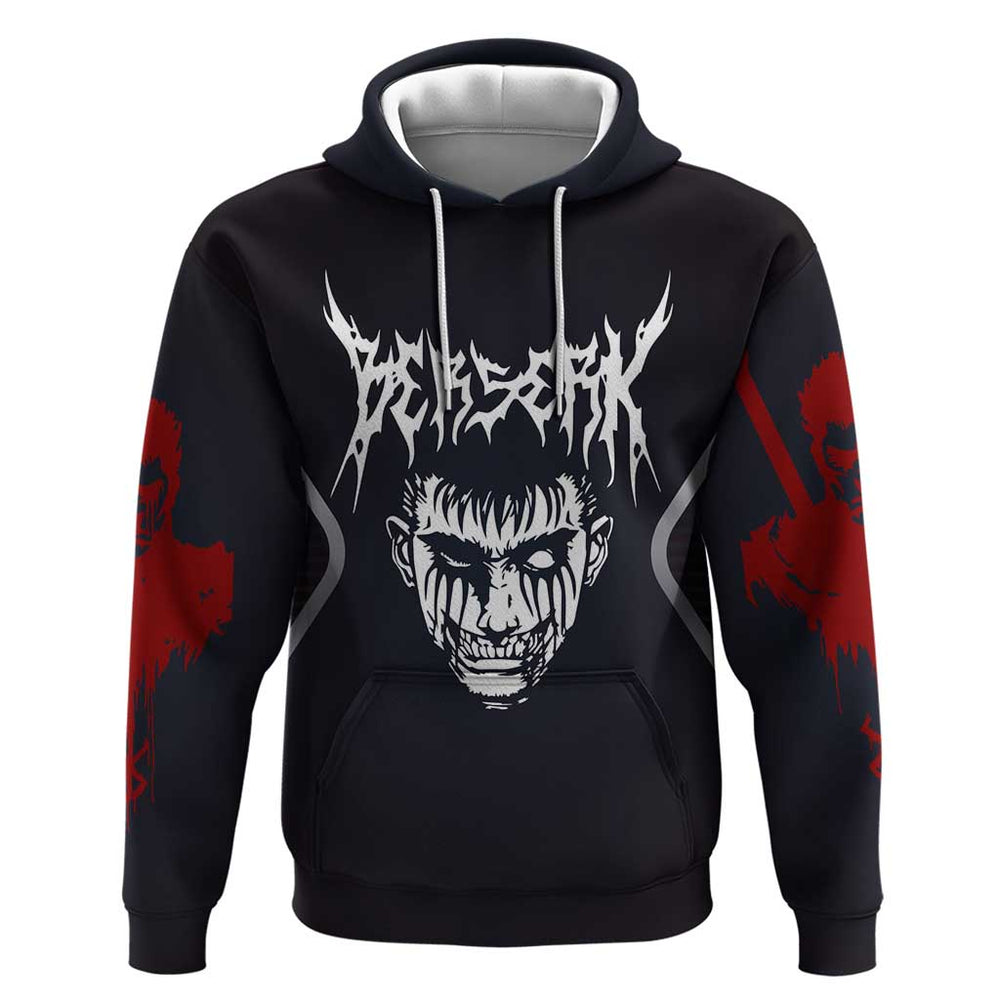 Guts Berserk Hoodie with Black Red Dark Theme and Fierce Warrior Anime Design Guts Berserk Hoodie with Black Red Dark Theme and Fierce Warrior Anime Design