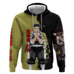 Gyomei Himejima from Demon Slayer Hoodie with Olive and Black Split Background and Prayer Pose Manga