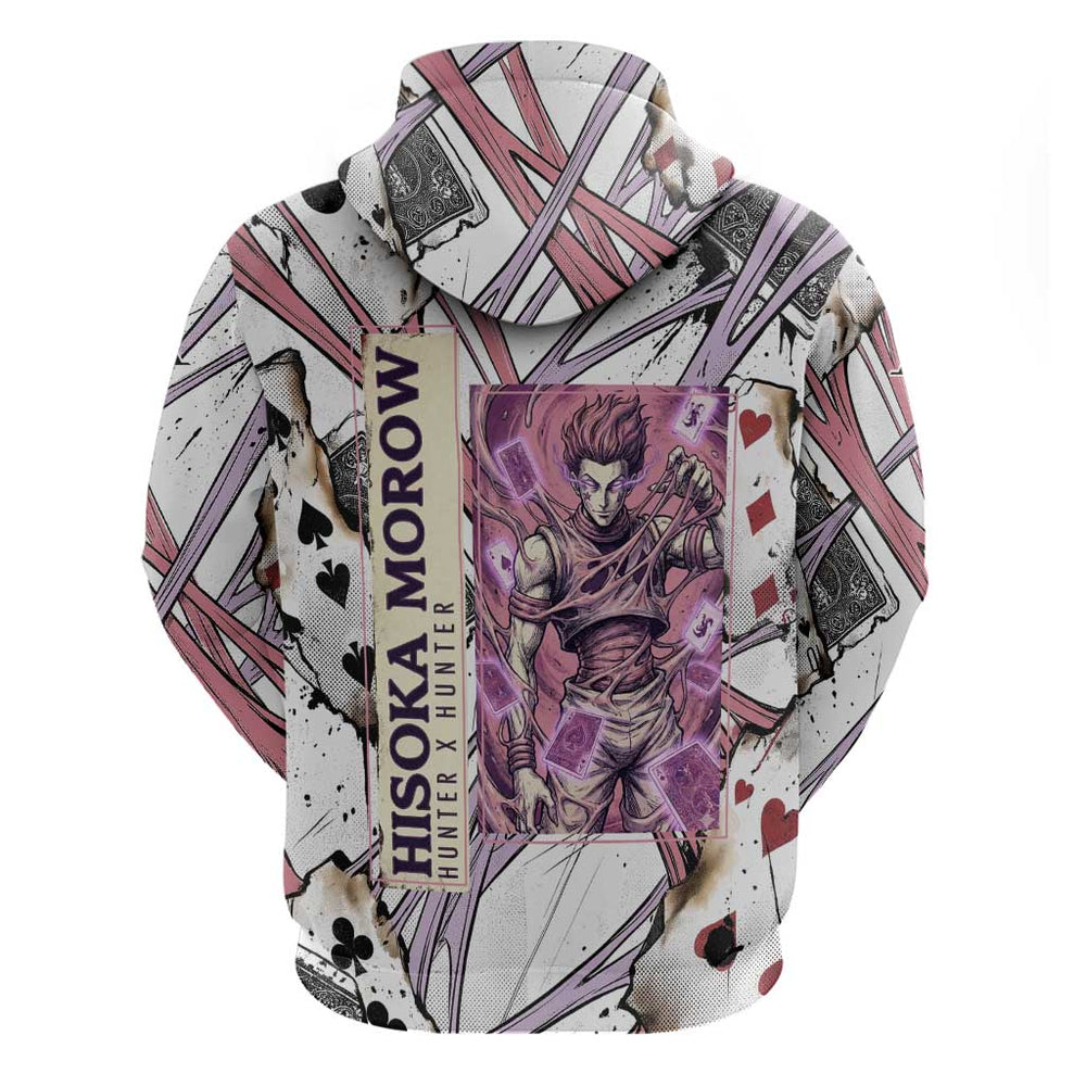 Hisoka Morow Playing Card Theme Hoodie with Magic Aura and Artistic Anime Illustration Hisoka Morow Playing Card Theme Hoodie with Magic Aura and Artistic Anime Illustration
