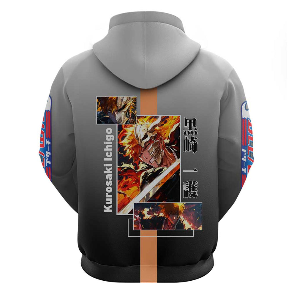 Ichigo Kurosaki Bleach Hoodie with Bankai Sword and Intense Battle Pose Design Ichigo Kurosaki Bleach Hoodie with Bankai Sword and Intense Battle Pose Design