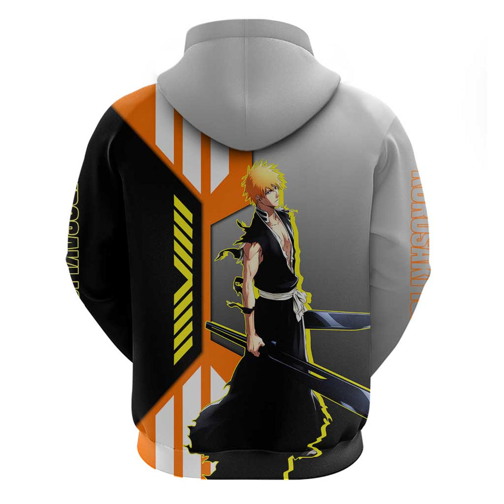Ichigo Kurosaki from Bleach Hoodie with Sword and Battle Ready Pose Design Ichigo Kurosaki from Bleach Hoodie with Sword and Battle Ready Pose Design