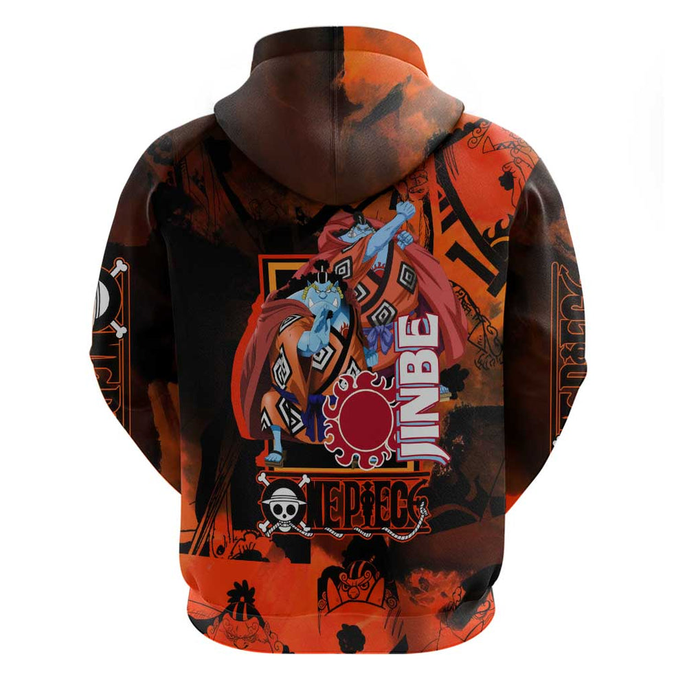 Jinbe One Piece Red and Black Theme Hoodie with Sun Pirates Emblem and Karate Pose Design Jinbe One Piece Red and Black Theme Hoodie with Sun Pirates Emblem and Karate Pose Design