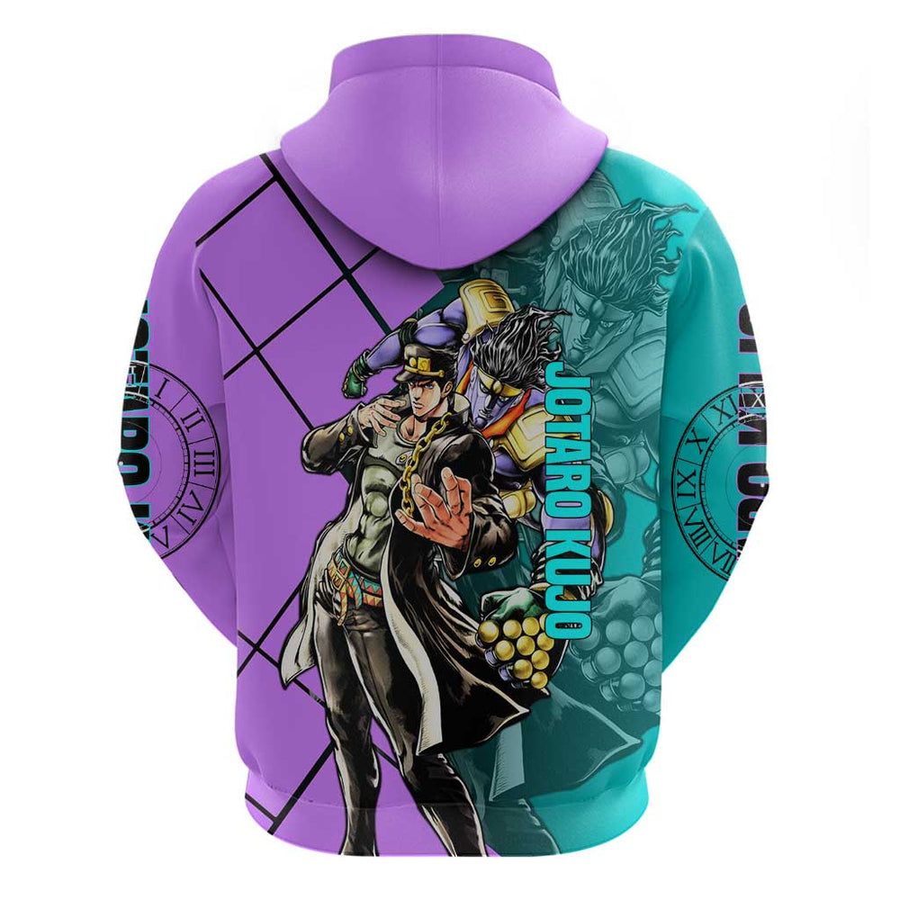 Jotaro Kujo JoJo's Bizarre Adventure Hoodie with Star Platinum Pose and Bold Action Design Jotaro Kujo JoJo's Bizarre Adventure Hoodie with Star Platinum Pose and Bold Action Design