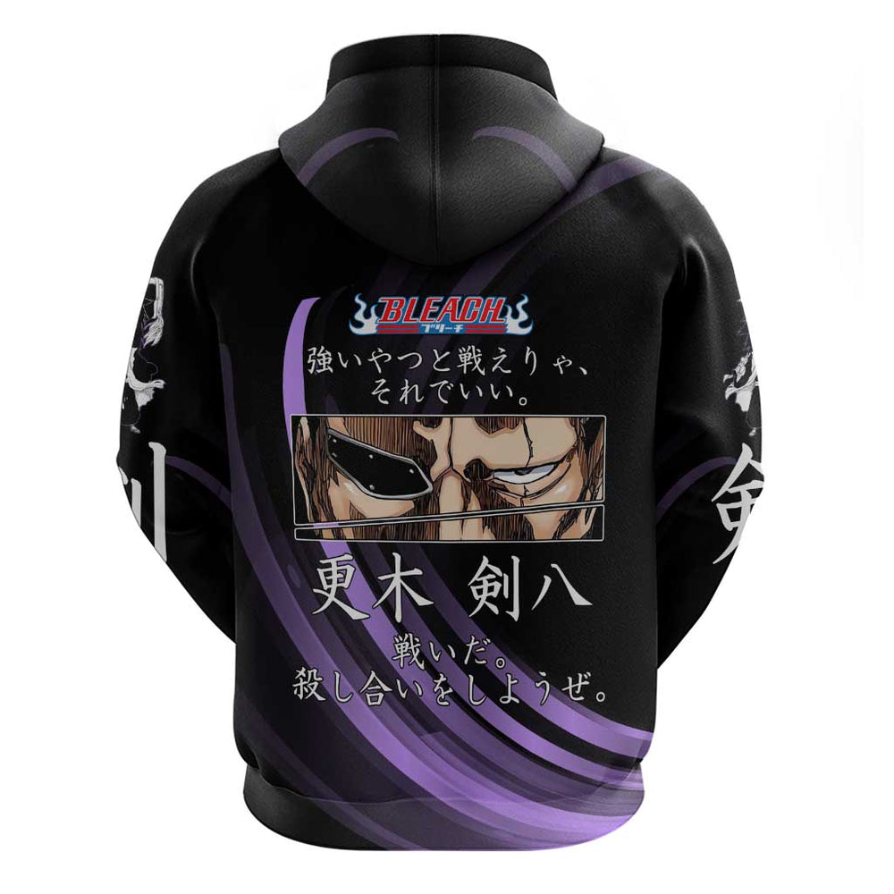 Kenpachi Zaraki Bleach Anime Black and Purple Theme Hoodie with Battle Stance and Japanese Quote Des Kenpachi Zaraki Bleach Anime Black and Purple Theme Hoodie with Battle Stance and Japanese Quote Des