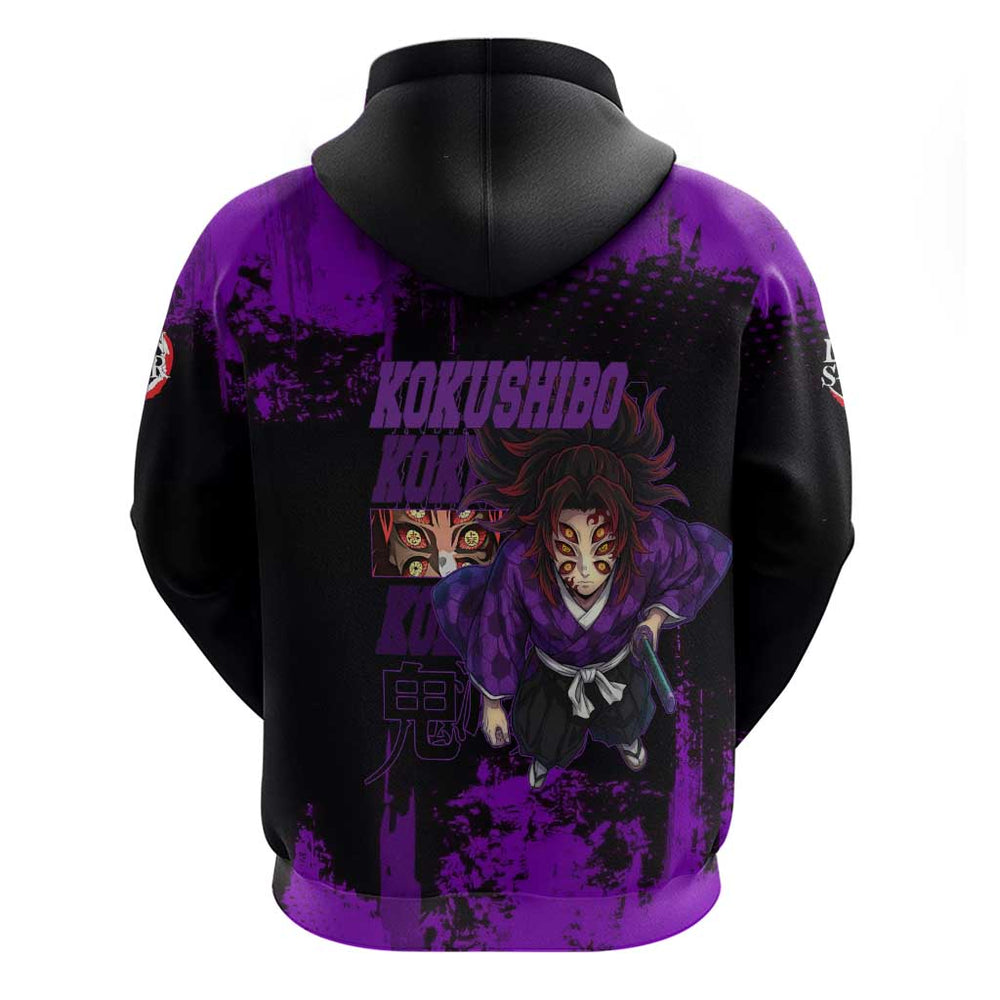 Kokushibo Demon Slayer Purple Grunge Design Hoodie with Six Eyes Detail and Sword Pose Kokushibo Demon Slayer Purple Grunge Design Hoodie with Six Eyes Detail and Sword Pose