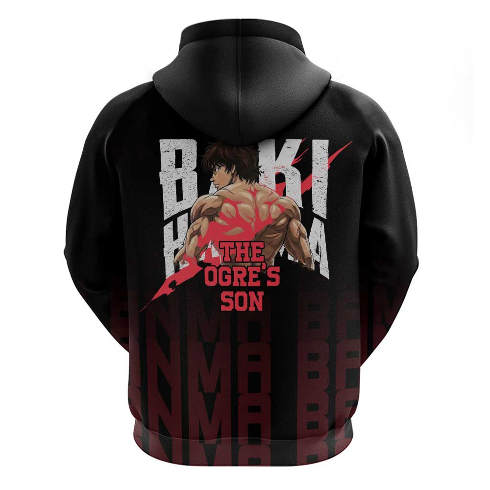 Baki Hanma The Ogre's Son Gym Theme Hoodie with Intense Anime Artwork and Muscular Back Design Baki Hanma The Ogre's Son Gym Theme Hoodie with Intense Anime Artwork and Muscular Back Design
