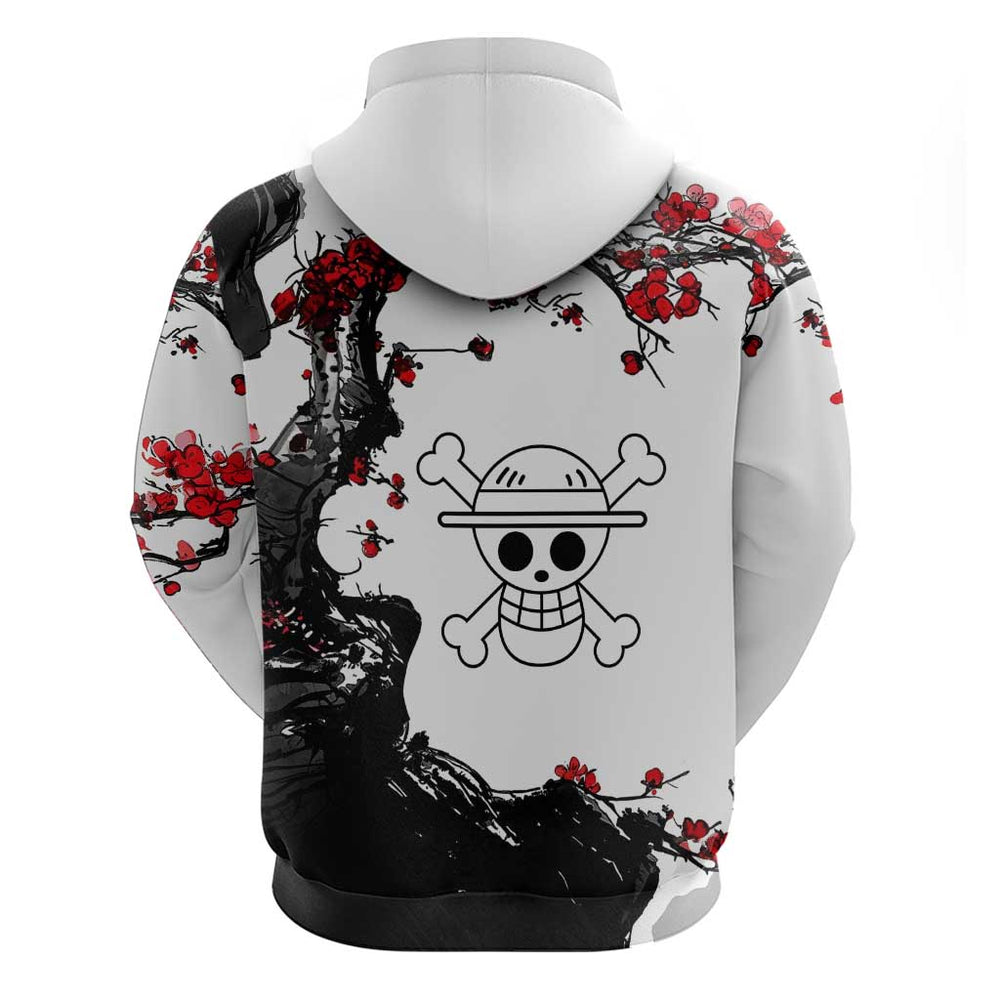 Luffy Gear 3 One Piece Anime White and Red Japanese Art Style Hoodie with Cherry Blossom Tree and St Luffy Gear 3 One Piece Anime White and Red Japanese Art Style Hoodie with Cherry Blossom Tree and St