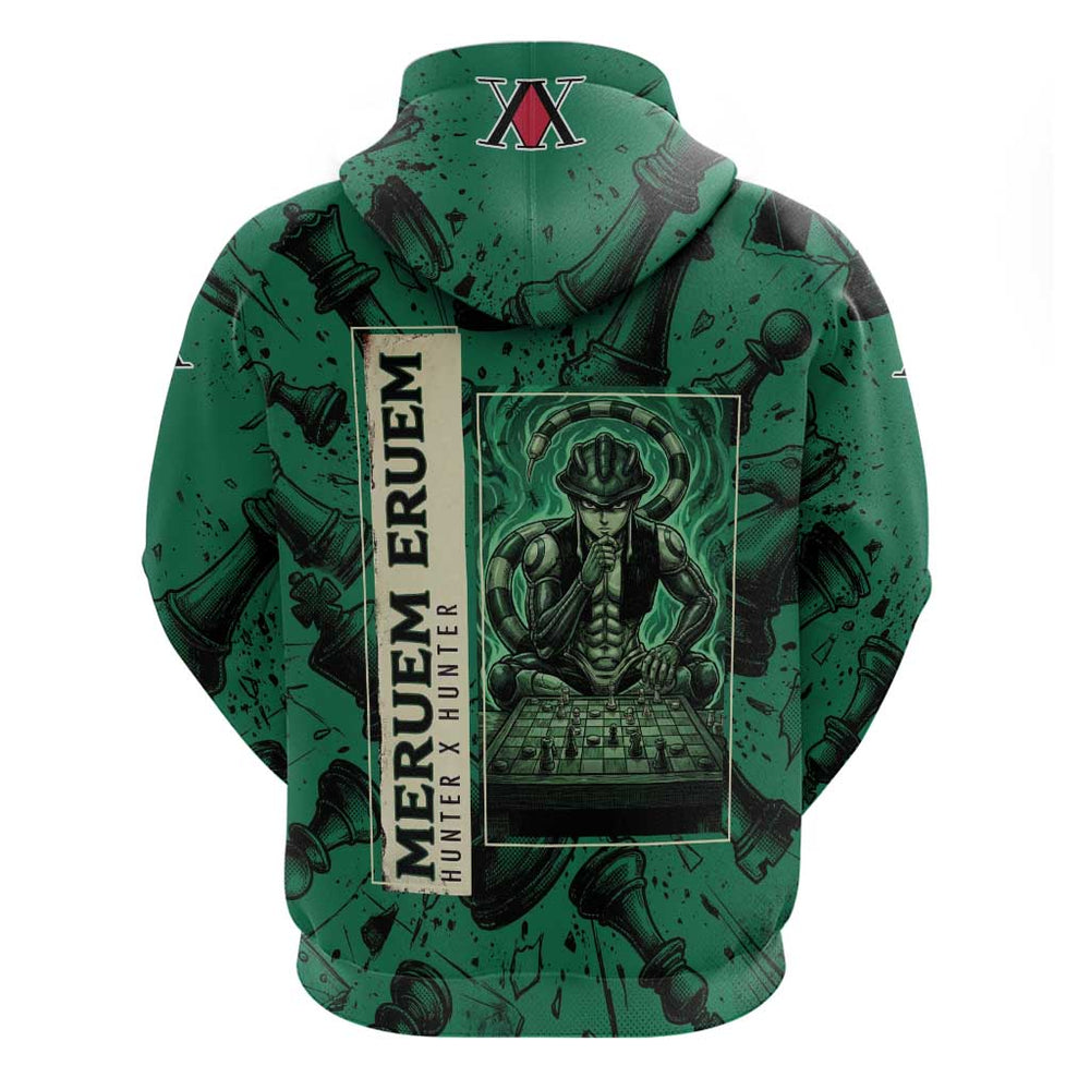 Meruem Chess Theme Hoodie with Dark Aura and Strategic Anime Artwork Design Meruem Chess Theme Hoodie with Dark Aura and Strategic Anime Artwork Design