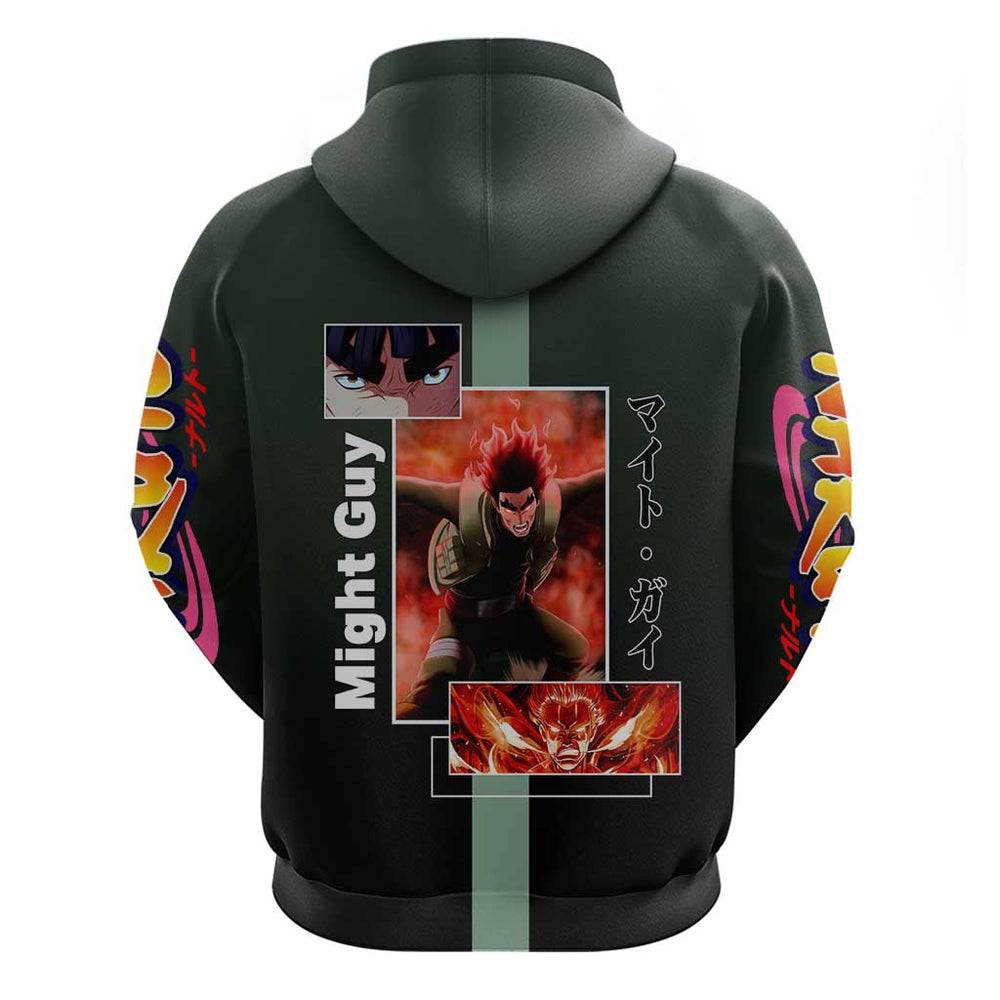 Might Guy Naruto Hoodie with Green Jumpsuit and Energetic Taijutsu Pose Design Might Guy Naruto Hoodie with Green Jumpsuit and Energetic Taijutsu Pose Design