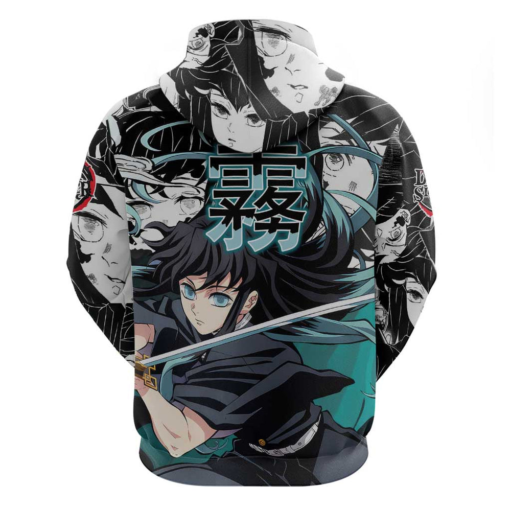 Muichiro Tokito Demon Slayer Mist Hashira Design Hoodie with Manga Panels and Teal Sword Art Muichiro Tokito Demon Slayer Mist Hashira Design Hoodie with Manga Panels and Teal Sword Art
