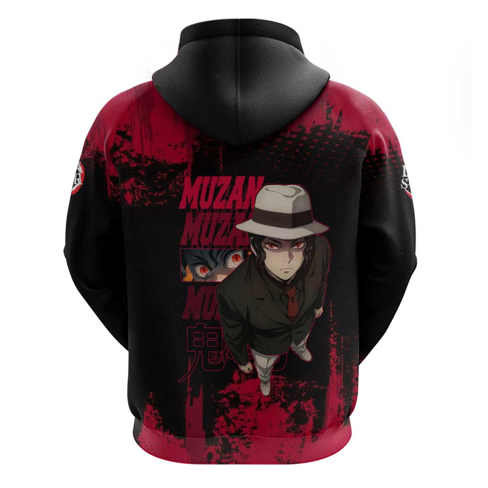 Muzan Kibutsuji Demon Slayer Red Grunge Design Hoodie with Intense Eyes and Hat Outfit Pose Muzan Kibutsuji Demon Slayer Red Grunge Design Hoodie with Intense Eyes and Hat Outfit Pose