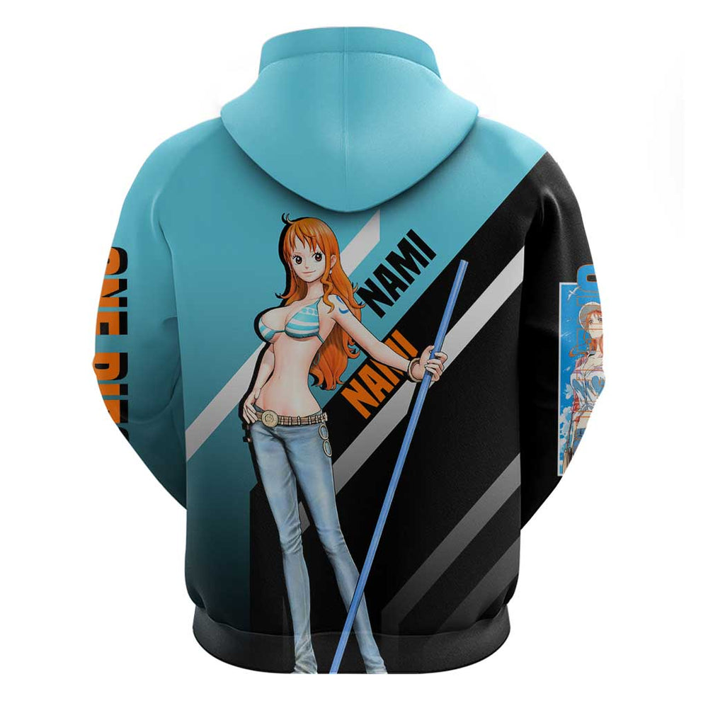 Nami One Piece Hoodie with Weather Staff and Confident Adventure Pose Design Nami One Piece Hoodie with Weather Staff and Confident Adventure Pose Design