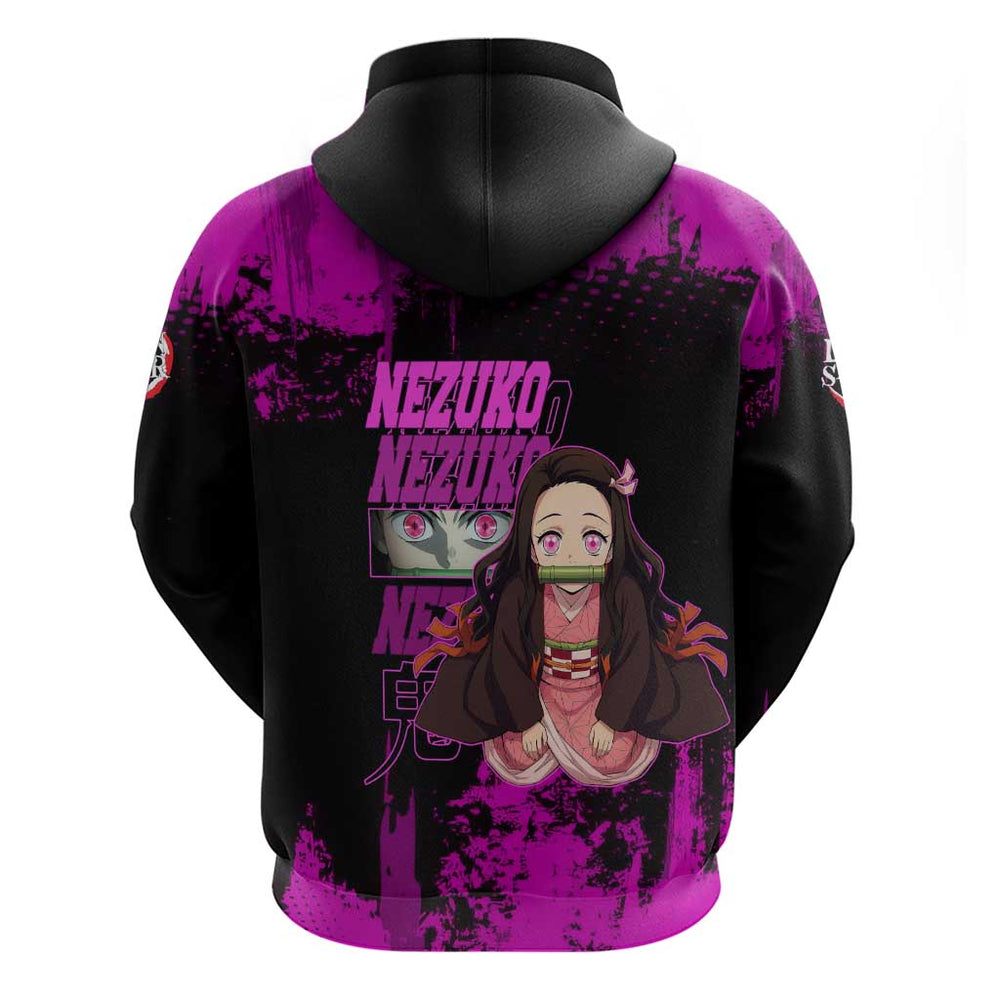 Nezuko Kamado Demon Slayer Pink Grunge Design Hoodie with Fierce Eyes and Cute Sitting Pose Nezuko Kamado Demon Slayer Pink Grunge Design Hoodie with Fierce Eyes and Cute Sitting Pose