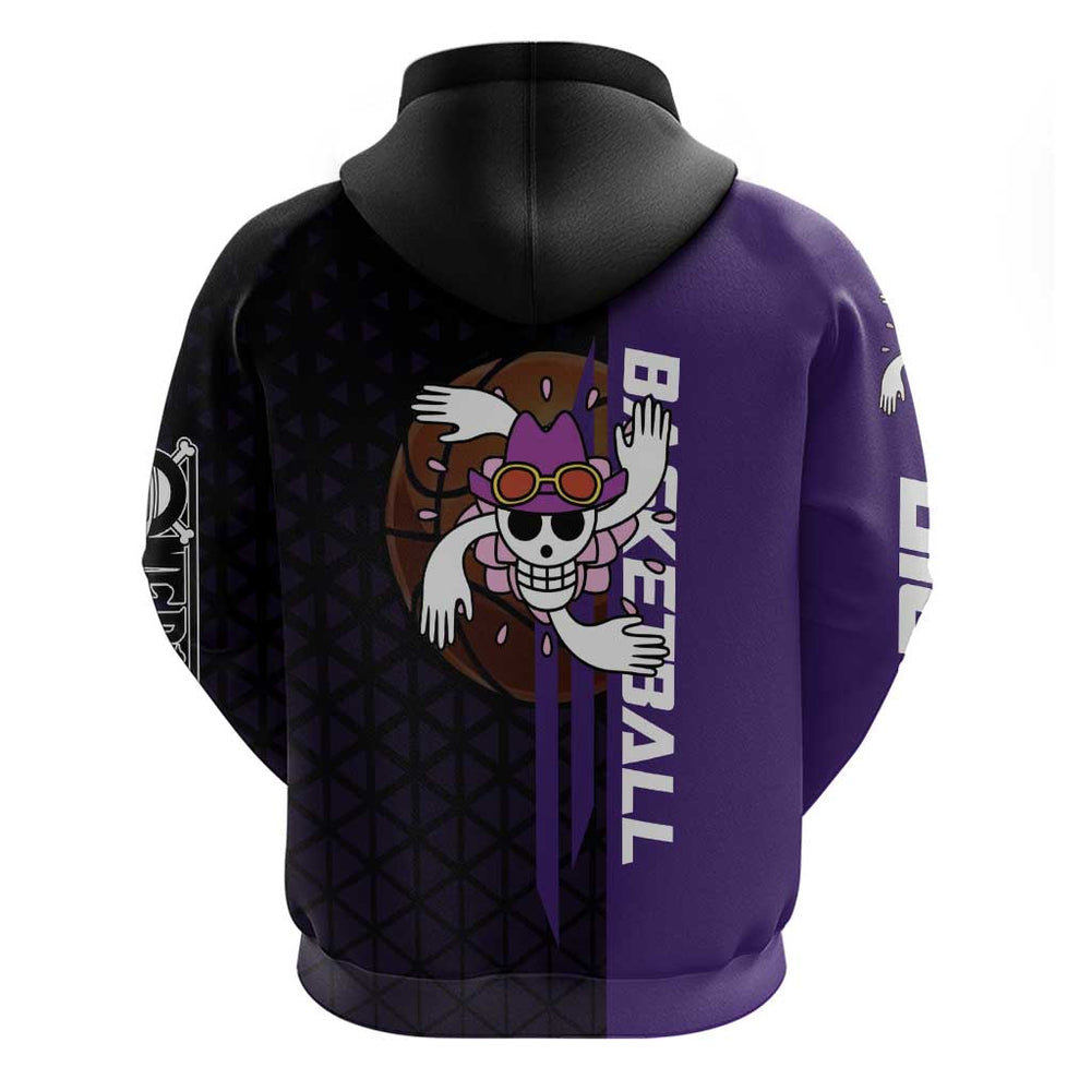 Nico Robin One Piece Basketball Theme Purple and Black Design Hoodie with Action Pose and Crew Emble Nico Robin One Piece Basketball Theme Purple and Black Design Hoodie with Action Pose and Crew Emble