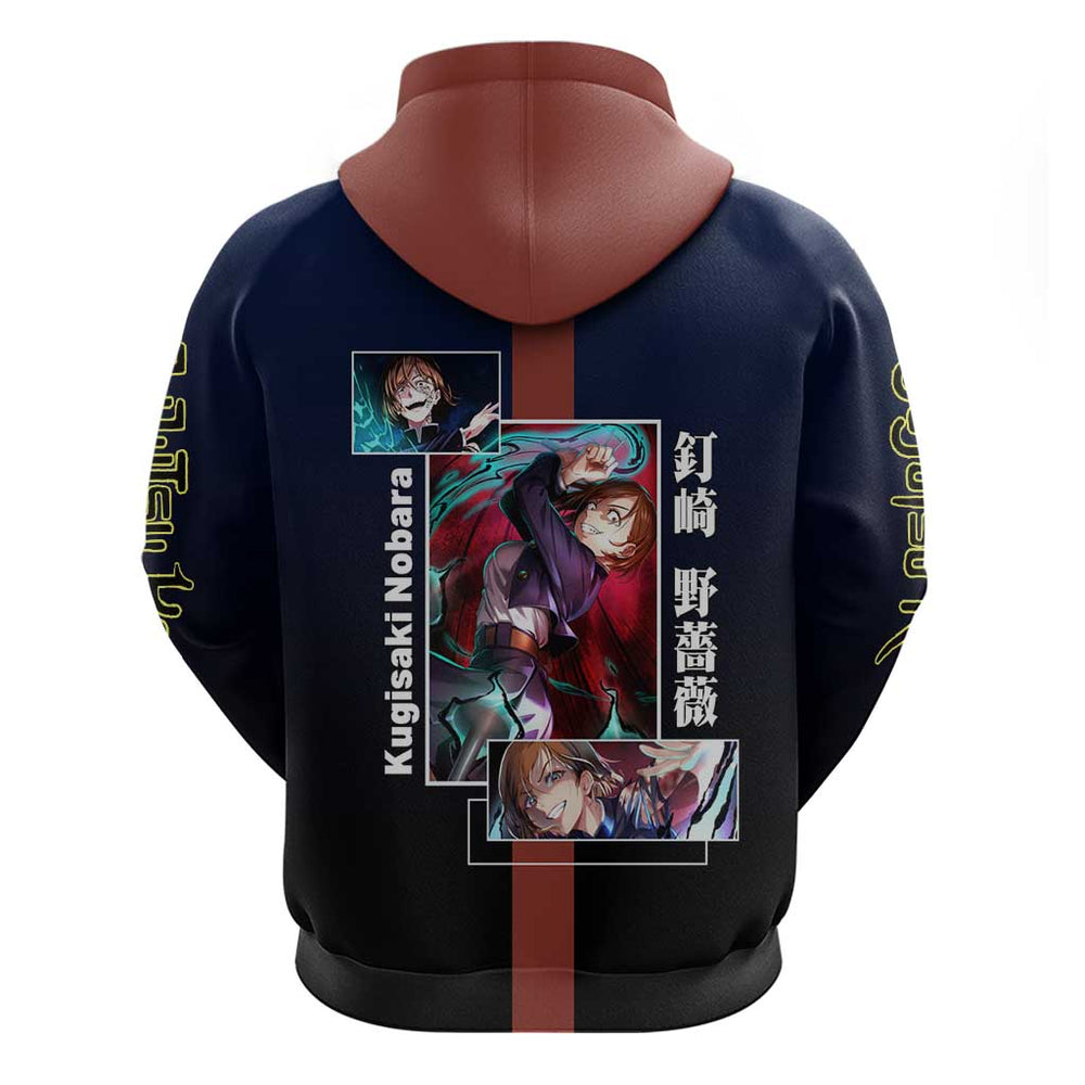 Nobara Kugisaki from Jujutsu Kaisen Hoodie with Dark Blue and Red Background and Multiple Poses Desi Nobara Kugisaki from Jujutsu Kaisen Hoodie with Dark Blue and Red Background and Multiple Poses Desi