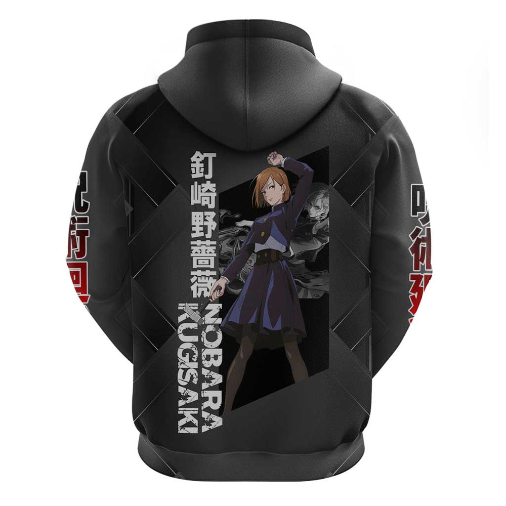 Nobara Kugisaki Jujutsu Kaisen Hoodie with Black Red Design and Cursed Energy Battle Pose Graphic Nobara Kugisaki Jujutsu Kaisen Hoodie with Black Red Design and Cursed Energy Battle Pose Graphic