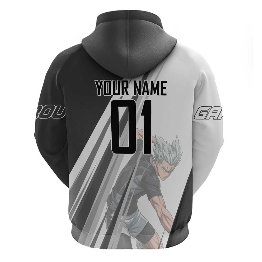 Personalized Garou Volleyball Action Design Hoodie with Monochrome Stripes and Dynamic Pose Personalized Garou Volleyball Action Design Hoodie with Monochrome Stripes and Dynamic Pose