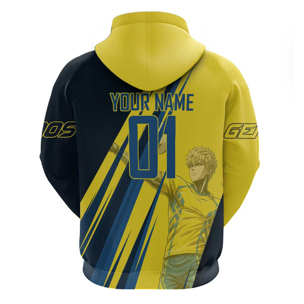 Personalized Genos Volleyball Design Hoodie with Yellow and Blue Athletic Theme and Dynamic Spike Po Personalized Genos Volleyball Design Hoodie with Yellow and Blue Athletic Theme and Dynamic Spike Po