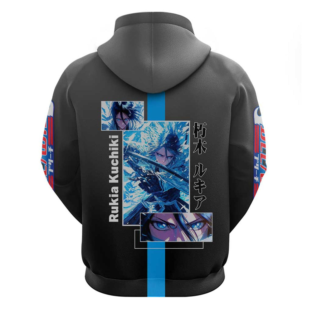 Rukia Kuchiki Bleach Hoodie with Zanpakuto and Elegant Combat Pose Design Rukia Kuchiki Bleach Hoodie with Zanpakuto and Elegant Combat Pose Design