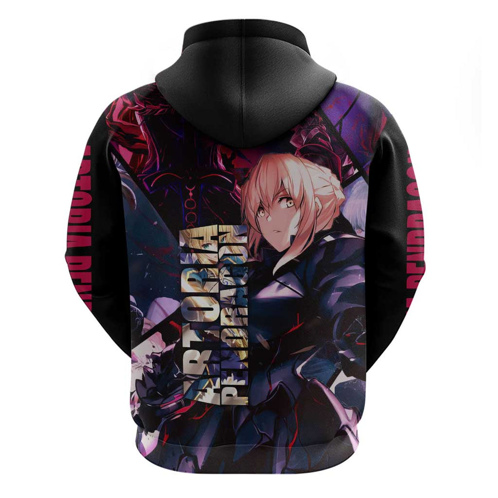 Saber Artoria Pendragon Dark Armor Theme Hoodie with Red and Purple Abstract Background Design Saber Artoria Pendragon Dark Armor Theme Hoodie with Red and Purple Abstract Background Design