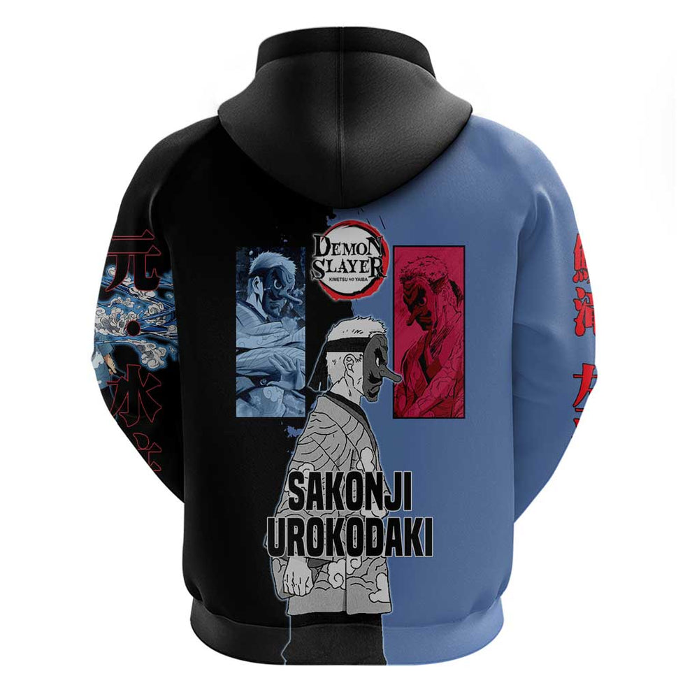 Sakonji Urokodaki from Demon Slayer Hoodie with Blue and Black Split Background and Cloud Kimono Wat Sakonji Urokodaki from Demon Slayer Hoodie with Blue and Black Split Background and Cloud Kimono Wat