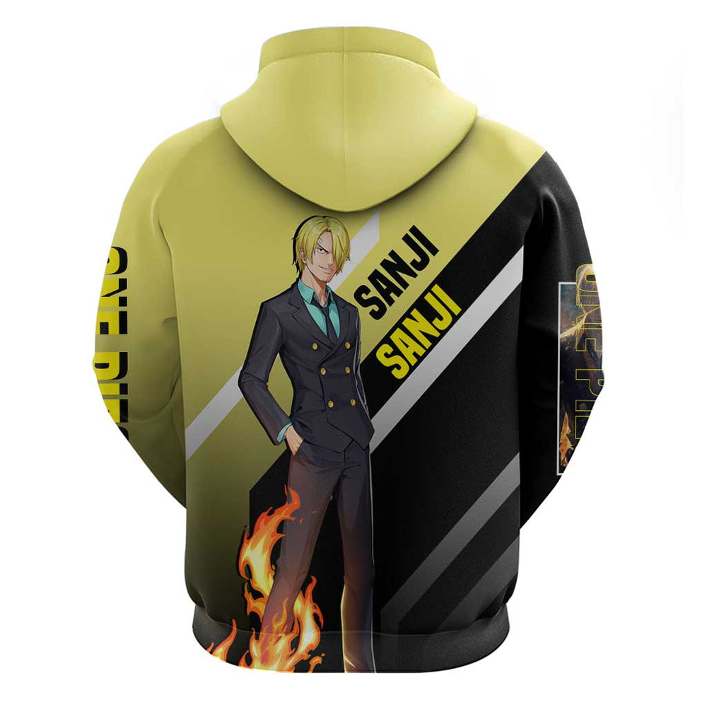 Sanji One Piece Hoodie with Stylish Kick Pose and Fiery Cooking Design Sanji One Piece Hoodie with Stylish Kick Pose and Fiery Cooking Design