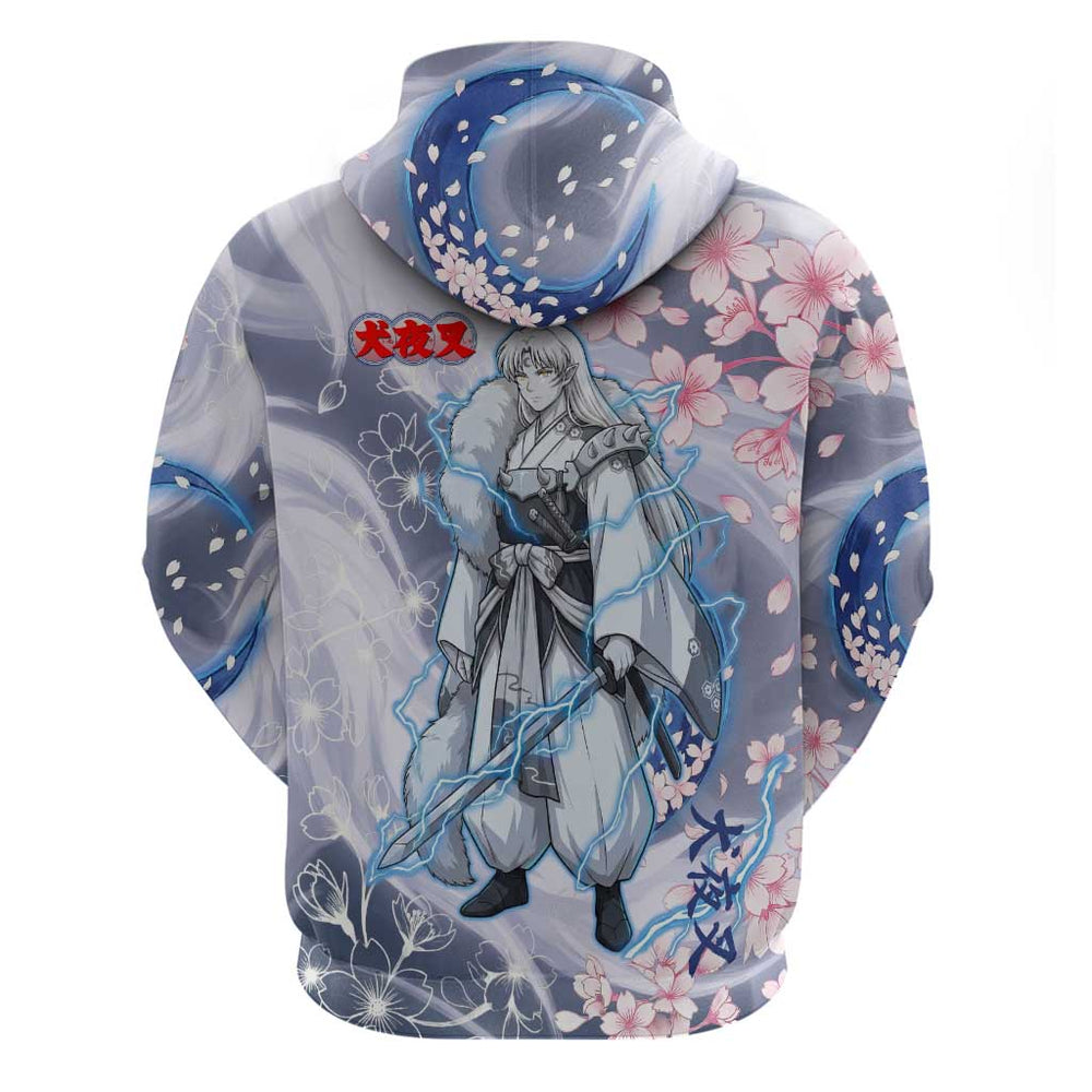 Sesshomaru Inuyasha Series Hoodie Elegant Sakura Storm Style with Crescent Moon Motif Sesshomaru Inuyasha Series Hoodie Elegant Sakura Storm Style with Crescent Moon Motif