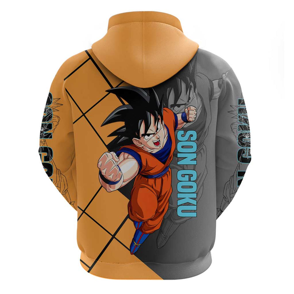 Son Goku Dragon Ball Hoodie with Super Saiyan Aura and Powerful Fighting Pose Design Son Goku Dragon Ball Hoodie with Super Saiyan Aura and Powerful Fighting Pose Design