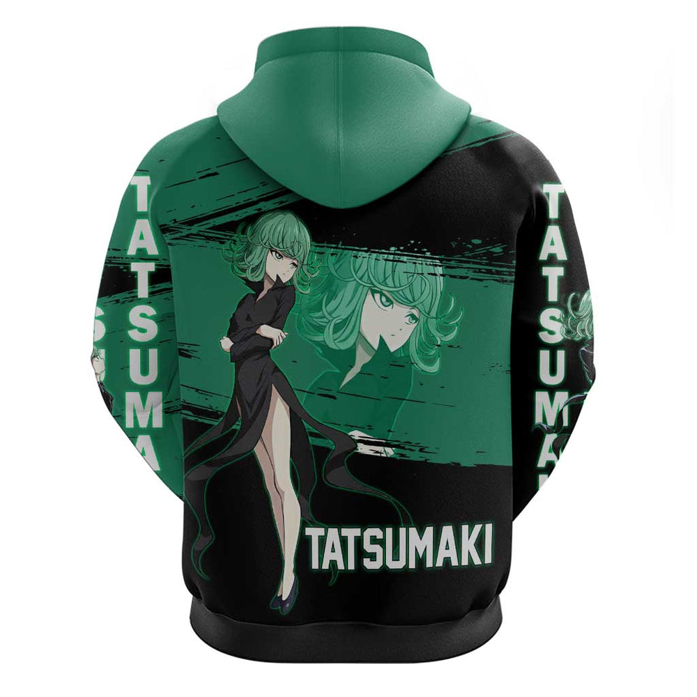 Tatsumaki One Punch Man Anime Green and Black Theme Hoodie with Psychic Power Effects and Bold Tatsumaki One Punch Man Anime Green and Black Theme Hoodie with Psychic Power Effects and Bold