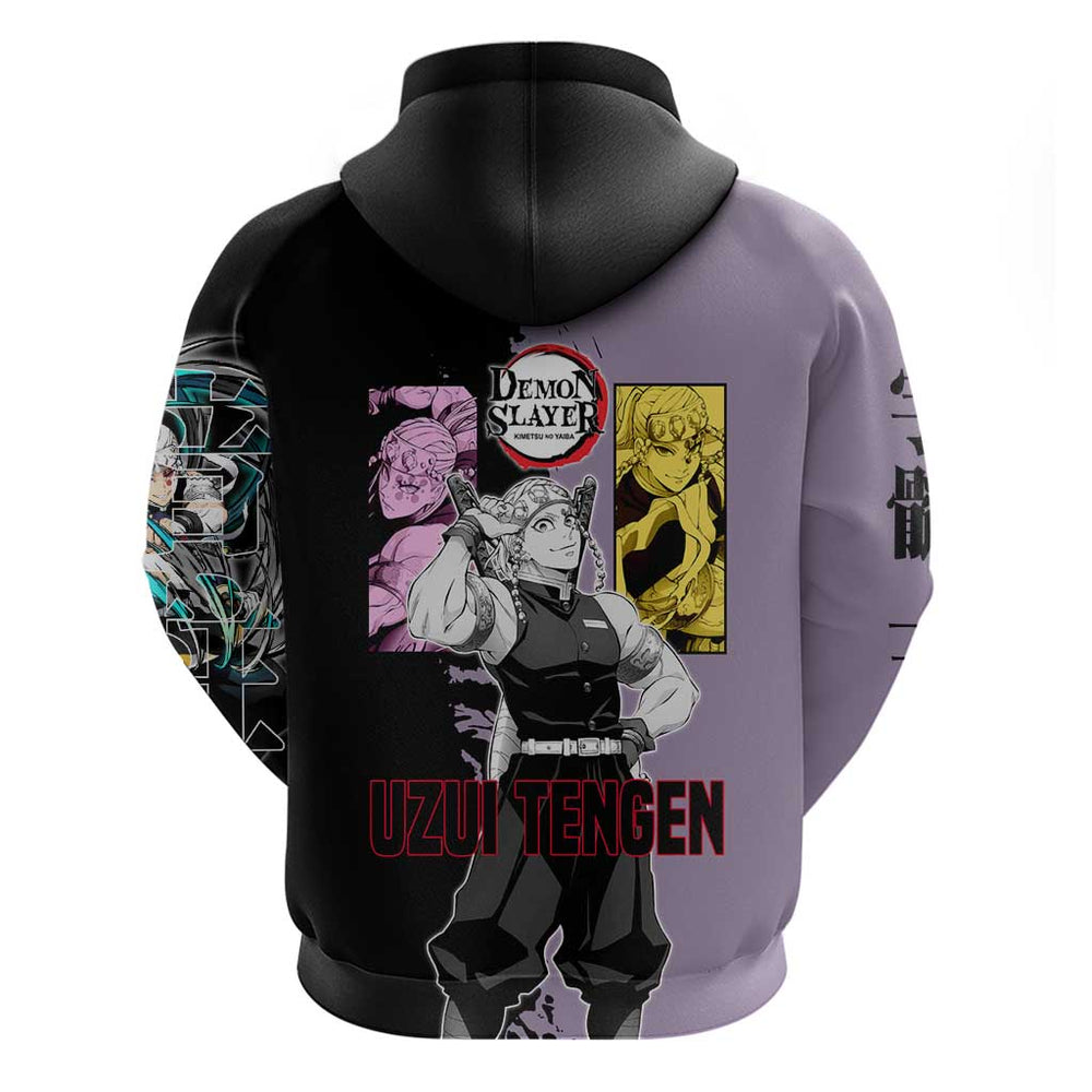 Tengen Uzui from Demon Slayer Hoodie with Purple and Black Split Design and Dual Sword Manga Panel L Tengen Uzui from Demon Slayer Hoodie with Purple and Black Split Design and Dual Sword Manga Panel L